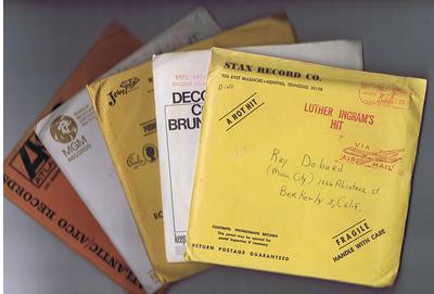 FIVE x original 60's 7" 45 record company mailers - Stax, Decca/Coral/Brunswick , Jewel/Paula/Ronn/Whit,  Atlantic/Atco, MGM  - 5 x Mailers Various labels. 