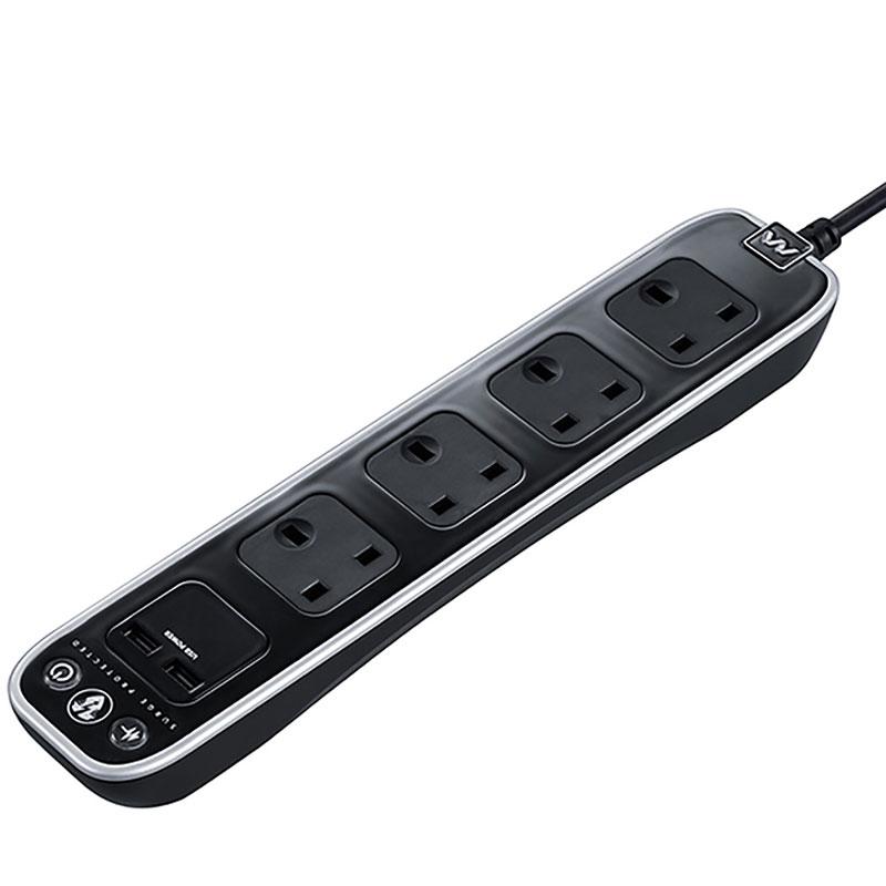 Masterplug Surge Protected 2M 4 Switched Sockets Extension Lead + USB