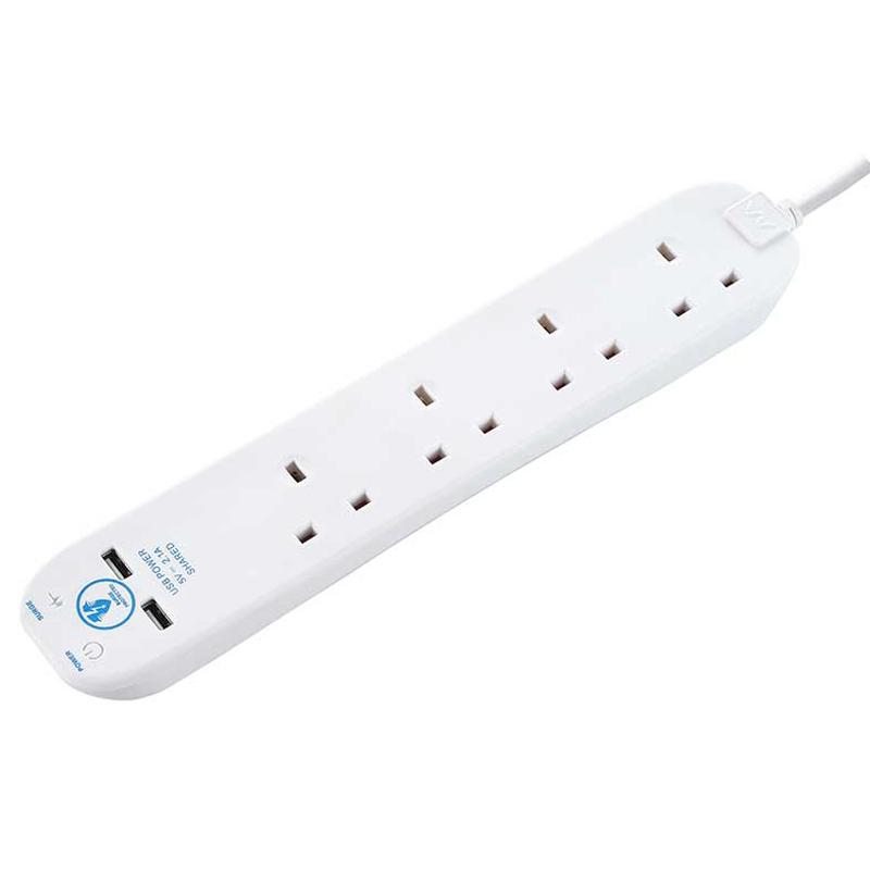 Masterplug Surge Protected 2M 4 Socket Extension Lead + 2 USB Port White £17.99 Free